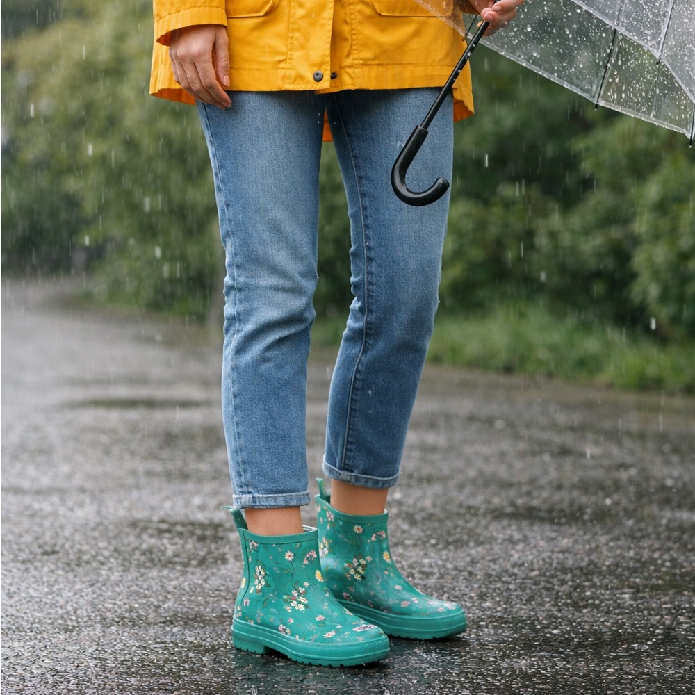 Women’s Teal Floral Waterproof Rain/Gardening Booties with Soft Lining
